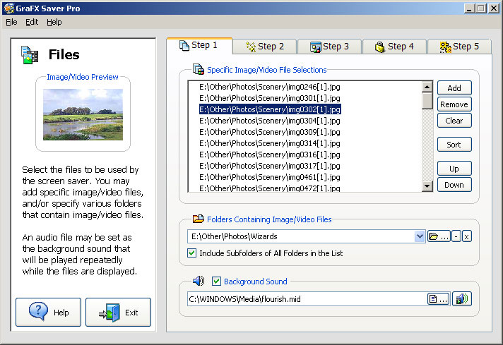 Start with Step 1, Files, to select the individual image and video files or the folders you want in your screen saver. You can also select an audio file to use as background sound.