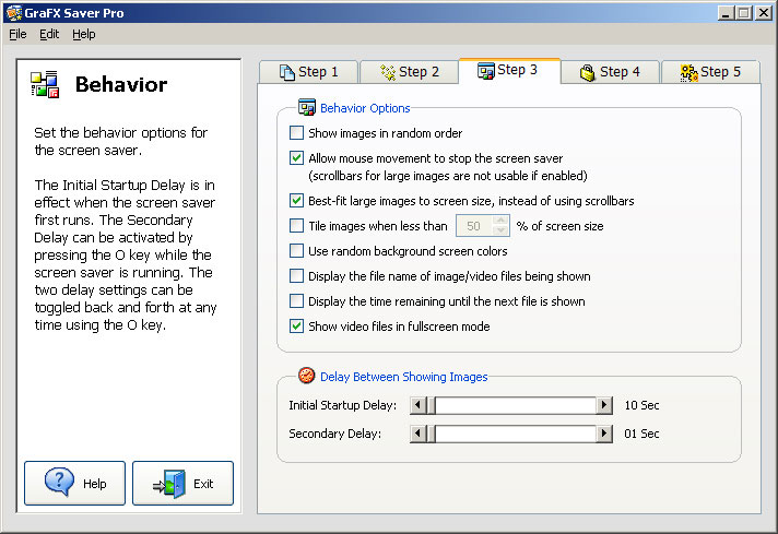 Step 3, Behavior, allows you to customize your screen saver further. You can control how image and video files are displayed and in what order and apply various functionality settings.