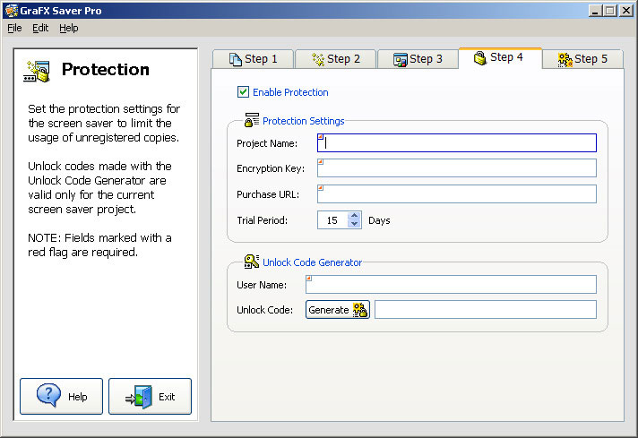 The next tab, Step 4, Protection, gives you the option to protect your screen saver, provide a trial version, create unlock codes for end-users, and enable online purchasing for your created screen savers.